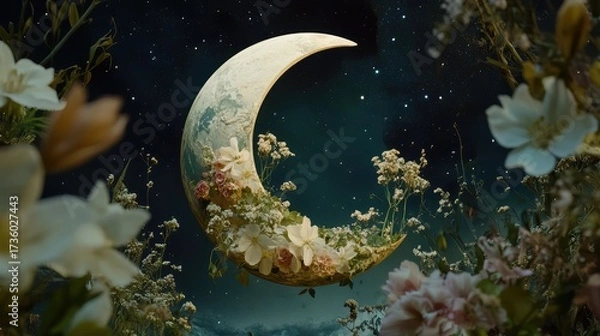 Fototapeta Earth resting within a moon crescent, encircled by delicate flowers in soft spring colors, floating in a starry sky -