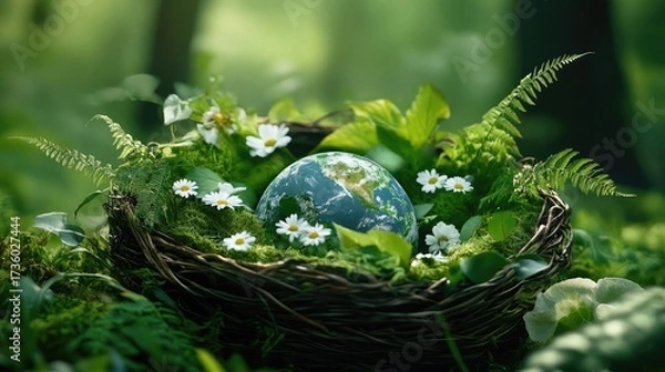 Fototapeta Earth resting in a floral nest of roses, ferns, and daisies within a charming garden basket