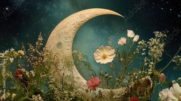 Fototapeta Earth resting within a moon crescent, encircled by delicate flowers in soft spring colors, floating in a starry sky