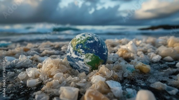 Fototapeta Environmental harm represented by plastic waste tightly orbiting a miniature globe