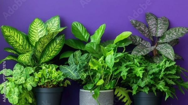 Fototapeta Group of leafy houseplants creating contrast with a bright purple backdrop