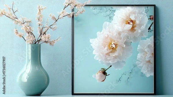 Fototapeta Hanging frame with delicate peonies and soft pastel wall tones