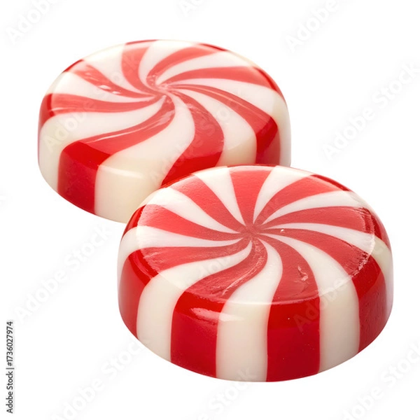 Fototapeta Two round red and white striped peppermint candies isolated on transparent background