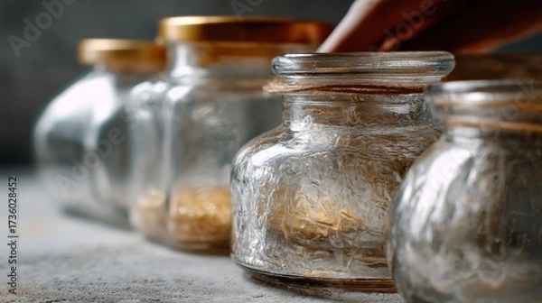 Fototapeta Row of glass jars with gold lids. the jars are arranged in a line and are placed on a gray surface. the background is blurred, but it appears to be a kitchen countertop.