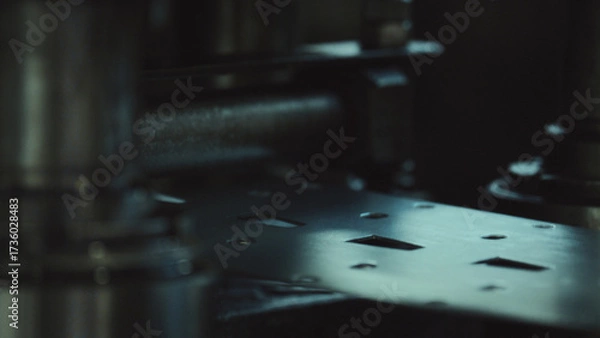 Fototapeta Industrial machine precisely punching and shaping a flat metal sheet with various slots and holes, showcasing modern manufacturing processes and mechanical engineering