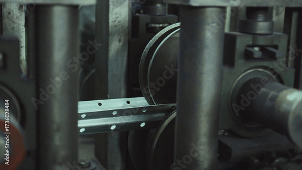 Fototapeta Perforated metal profile moving through a steel rolling machine, highlighting precision manufacturing process in a factory setting for construction material production