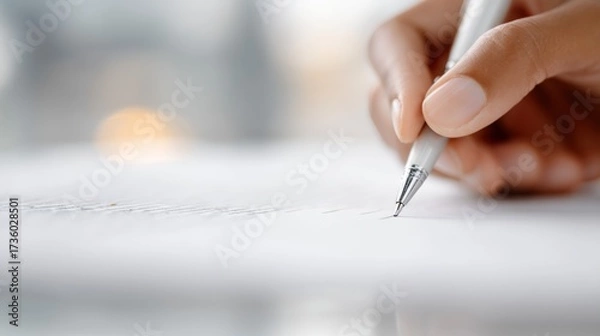 Fototapeta Close-up of a person's hand holding a silver pen and writing on a piece of paper. the hand is positioned in a way that the pen is pointing towards the right side of the image.