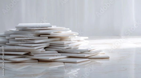 Fototapeta Stack of white tiles arranged in a pyramid-like structure on a white marble floor.