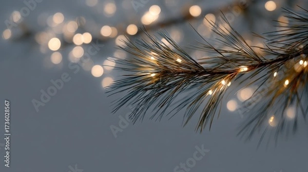 Fototapeta Close-up of a branch of a pine tree. the branch is in focus, while the background is blurred, creating a bokeh effect.