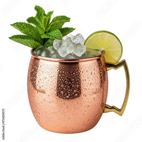 Fototapeta Moscow mule in copper mug with lime and mint isolated on transparent background