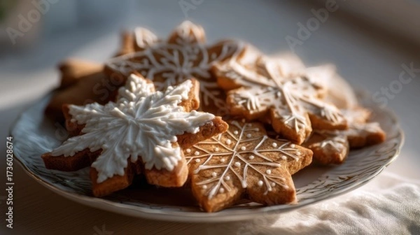 Fototapeta Plate of freshly baked gingerbread cookies on a wooden table. the cookies are arranged in a circular pattern on the plate, with some overlapping each other.