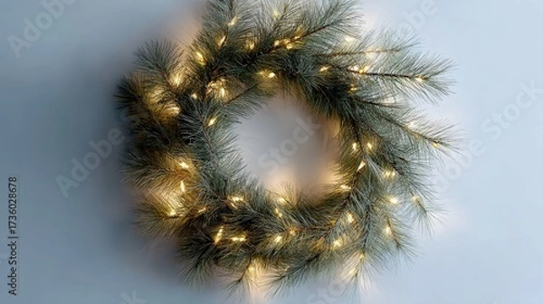 Fototapeta Close-up of a wreath made of pine branches. the wreath is circular in shape and is hanging on a light blue background. the branches are covered in small white lights, creating a warm glow.