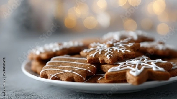 Fototapeta Plate of freshly baked gingerbread cookies. the cookies are golden brown in color and have a criss-cross pattern on top.