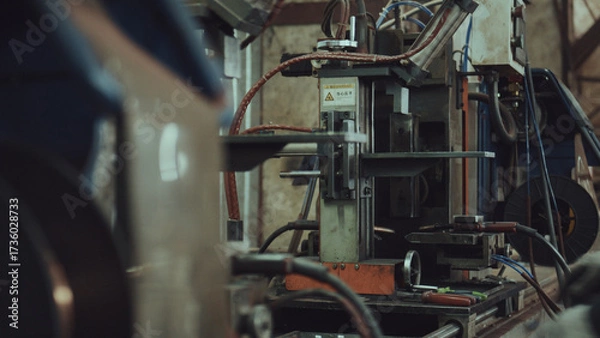 Fototapeta Industrial equipment working in a manufacturing facility, representing concepts of heavy industry, automated production, advanced technology, and modern engineering within a factory setting