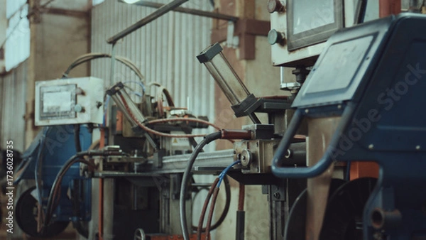 Fototapeta Industrial factory machinery with close up of mechanical components, control panels, cables and pneumatic systems showcasing automated production, precision engineering and metalworking