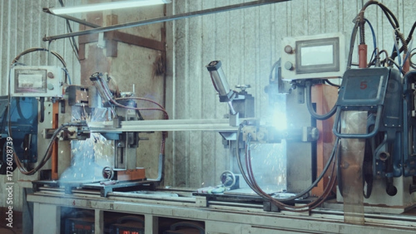 Fototapeta Automated industrial welding machine performing precision seam welding on steel profiles, emitting bright sparks and smoke in a factory production line, close up of metalworking process