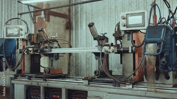 Fototapeta Industrial equipment performing essential manufacturing tasks, fabricating and preparing metal parts with precision, representing the automation and technology common in modern material production