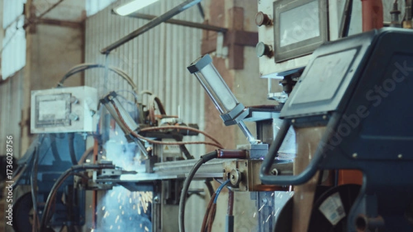 Fototapeta Automatic welding machine creating sparks during steel fabrication, demonstrating industrial precision, advanced technology, and efficient manufacturing process on a production floor