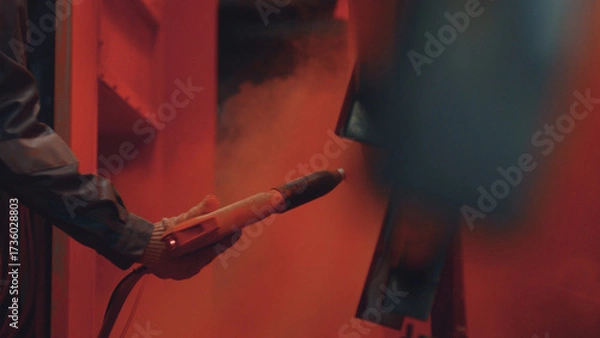 Fototapeta Worker applying powdered paint to a metal object using an electrostatic spray gun, creating a durable and even finish in a modern industrial production facility