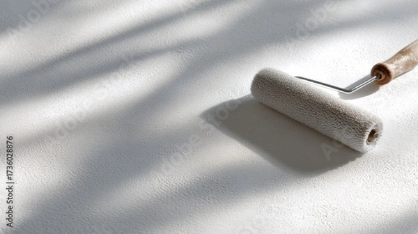 Fototapeta Paint roller lying on a white surface. the paint roller has a wooden handle and a white bristled roller head. the roller is positioned in the center of the image, casting a shadow on the surface.