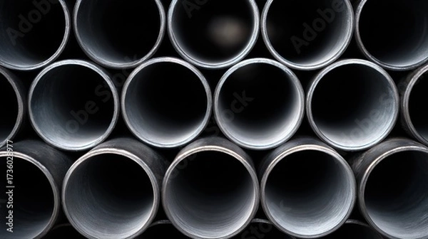 Fototapeta Group of multiple black pipes stacked on top of each other. the pipes are cylindrical in shape and appear to be made of metal or steel.