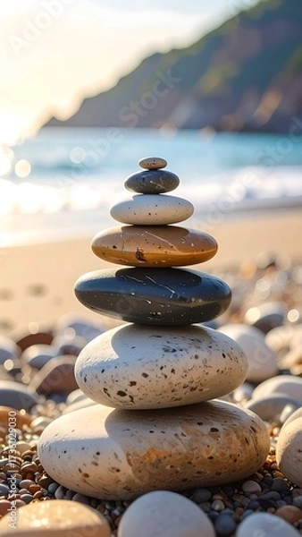 Fototapeta Zen stones stacked on sandy beach with blurred background creating a calming scene