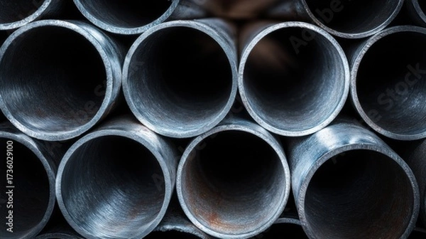 Fototapeta Stack of multiple metal pipes stacked on top of each other. the pipes are of different sizes and shapes, with some being round and others being cylindrical.