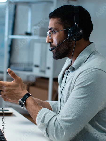 Fototapeta Male Call Center Customer Service Agent with Headset at Office Computer, Professional Operator Providing Helpline Support, CRM Consultation, Telemarketing and Remote Online Communication with Clients.