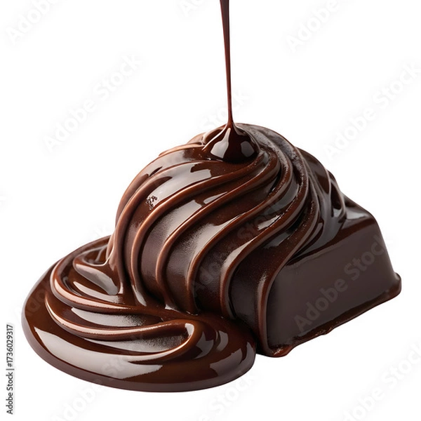 Fototapeta Rich dark chocolate being poured and drizzled over a piece of chocolate isolated on transparent background