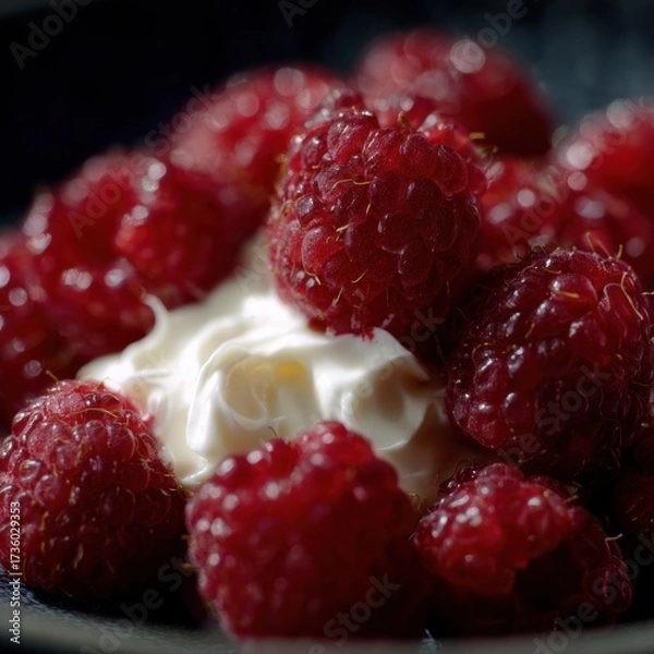 Fototapeta Close-up of a bowl of fresh raspberries with a dollop of whipped cream on top. the berries are bright red and appear to be ripe and juicy.