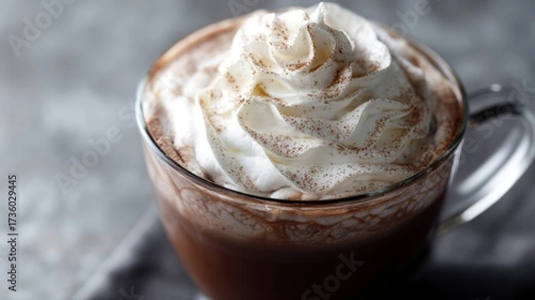 Fototapeta Close-up of a cup of hot chocolate with a generous dollop of whipped cream on top. the cup is made of glass and has a handle on one side.