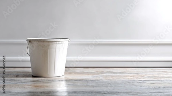 Fototapeta White bucket with a handle on the floor in front of a white wall. the bucket appears to be empty and is placed against the wall, with no other objects or decorations in the frame.