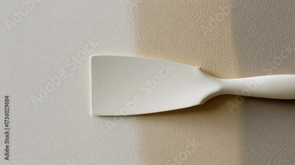 Fototapeta White plastic spatula resting on a beige textured surface. the spatula has a long handle with a pointed end and a flat base.
