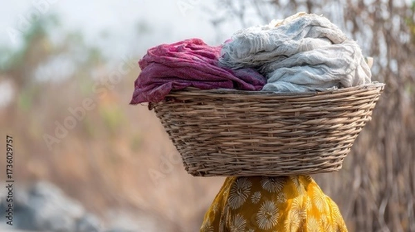 Fototapeta Person carrying a woven basket on their head. the basket is made of light-colored wood and has a handle on top.