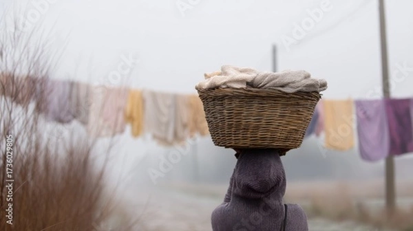 Fototapeta Person's head with a basket on top of their head. the basket is made of woven straw and has a white cloth inside.