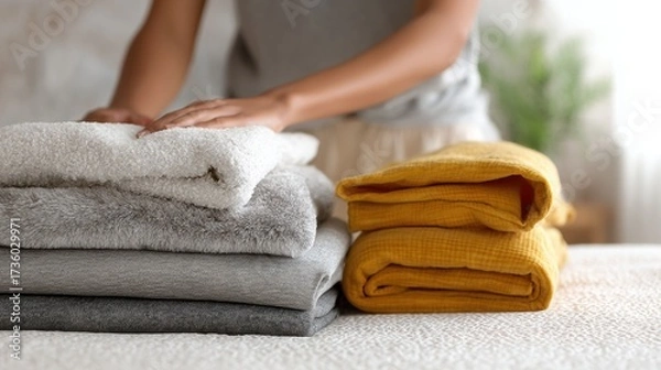 Fototapeta Stack of folded towels on a bed. the towels are neatly folded and stacked on top of each other. the person's hands are visible, holding one of the towels.