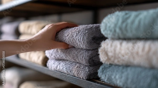 Fototapeta Hand holding a stack of folded towels on a wooden shelf. the towels are neatly folded and stacked on top of each other. the colors of the towels are different shades of blue, beige, and gray.