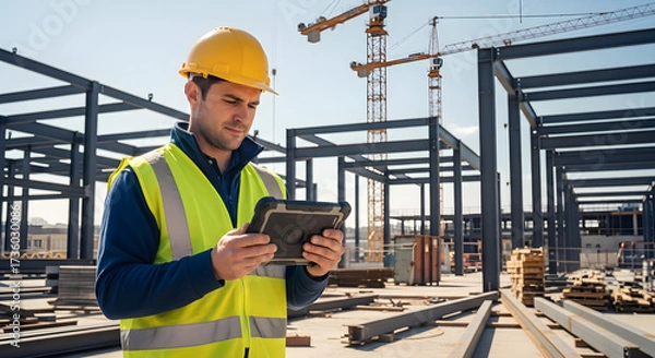 Obraz Construction worker using digital tablet on site, modern building framework background, safety first.
