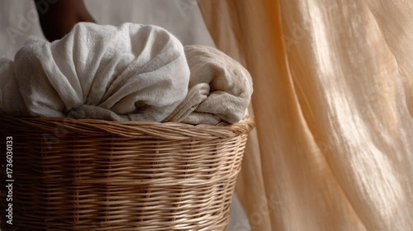 Fototapeta Wicker basket filled with folded white towels. the basket is placed on a window sill, with a beige curtain visible on the right side of the image.