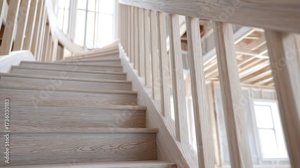 Fototapeta Close-up of a wooden staircase in a modern house. the staircase is made of light-colored wood and has a wooden handrail on the right side.