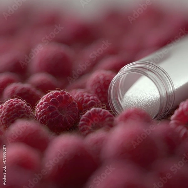 Fototapeta Close-up of a small glass jar with a white lid lying on top of a pile of red raspberries. the jar appears to be empty and the lid is slightly open, revealing the white powder inside.