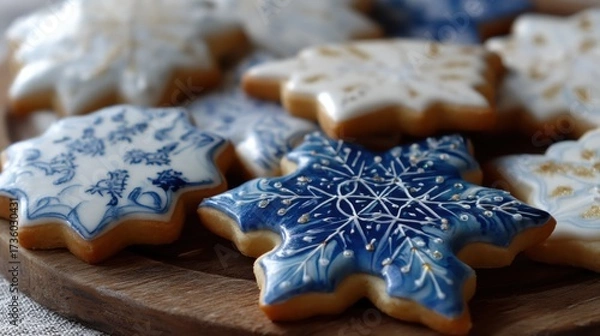 Fototapeta Wooden plate with several star-shaped cookies on it. the cookies are decorated with blue and white icing in the shape of snowflakes.