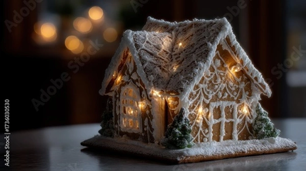 Fototapeta The image is of a small gingerbread house on a wooden table. the house is covered in white icing and has a sloping roof with small windows and a chimney.