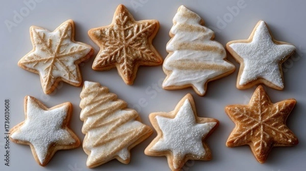 Fototapeta Group of nine star-shaped cookies arranged in a scattered manner on a light grey background. the cookies are light brown in color and have a criss-cross pattern on the top and bottom edges.