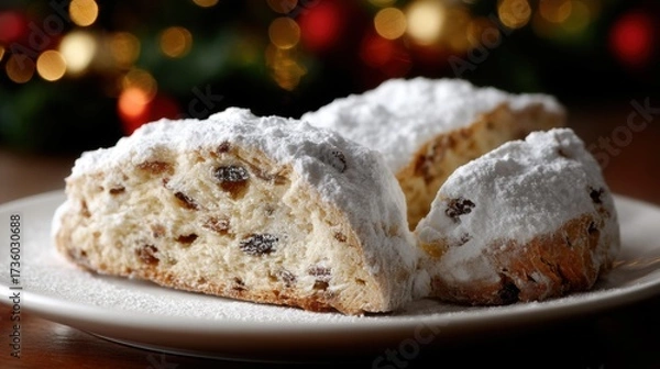 Fototapeta Slice of bread on a white plate with a dusting of powdered sugar on top. the bread appears to be freshly baked and has a golden brown crust with raisins scattered throughout.