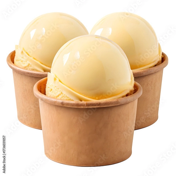 Fototapeta Three scoops of creamy vanilla ice cream in small paper cups isolated on transparent background