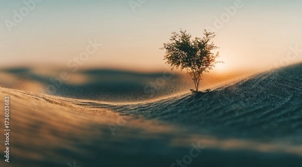 Fototapeta Small tree in a vast desert landscape at sunset