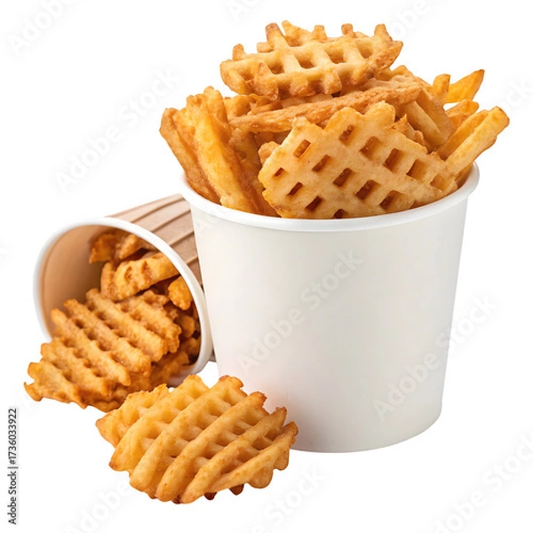 Fototapeta Crispy golden brown waffle fries spilling out of white paper cups isolated on transparent background