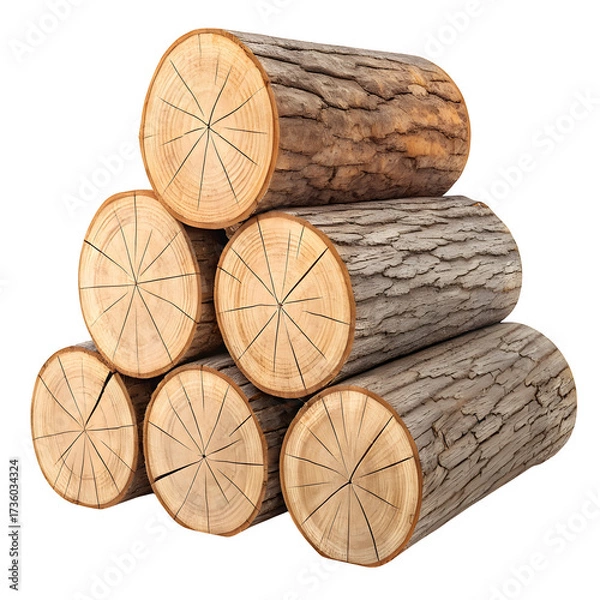 Fototapeta Stacked pile of freshly cut oak firewood logs with visible rings and bark isolated on transparent background