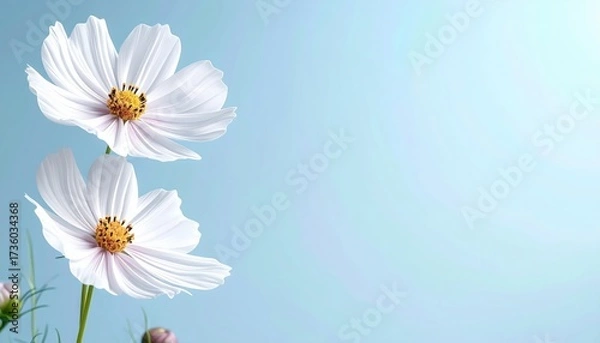 Obraz Delicate white flowers blooming against a soft blue background nature photography calm environment close-up view floral beauty